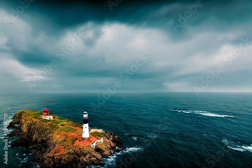Aerial view of a lighthouse situated on a small island surrounded by the tranquil ocean