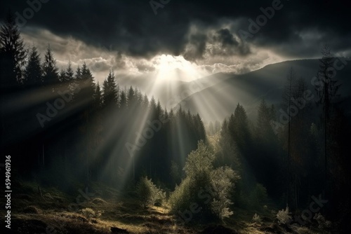 Rays of light shining through dark clouds. Generative AI