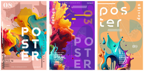 Abstract art design. Stiff, liquid, molten objects. Set of vector illustrations. Posters and musical covers, prints. Typography design and vectorized 3D illustrations on the background. 