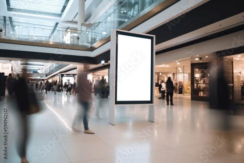 Empty white mockup billboard in the mall. Created with Generative AI technology.