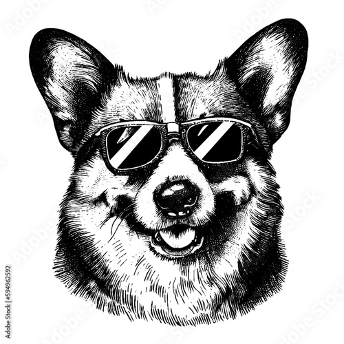 funny corgi dog wearing sunglasses, summer vibe sketch