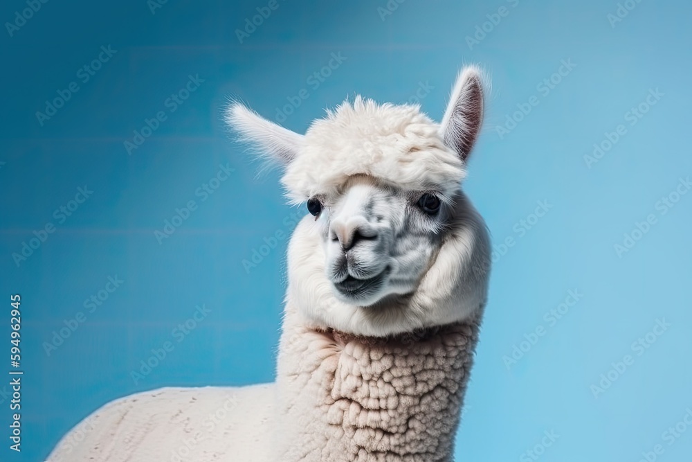 close up portrait of a llama against a vibrant blue background. Generative AI