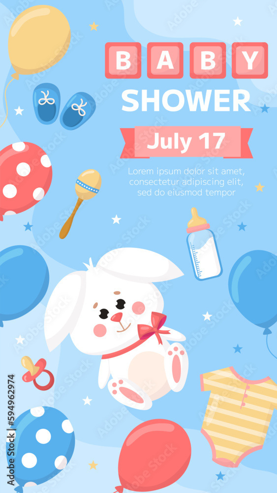Vector baby shower invitation template poster. Cartoon childish toy white rabbit with balloons, pacifier, bottle on blue background. Vertical backdrop, flyer, brochure for event.