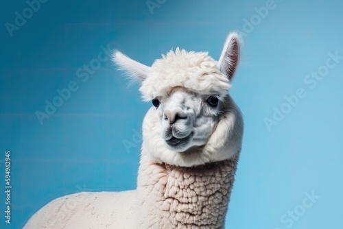 close up portrait of a llama against a vibrant blue background. Generative AI photo