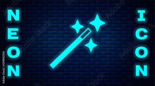 Glowing neon Photo retouching icon isolated on brick wall background. Photographer, photography, retouch icon. Vector