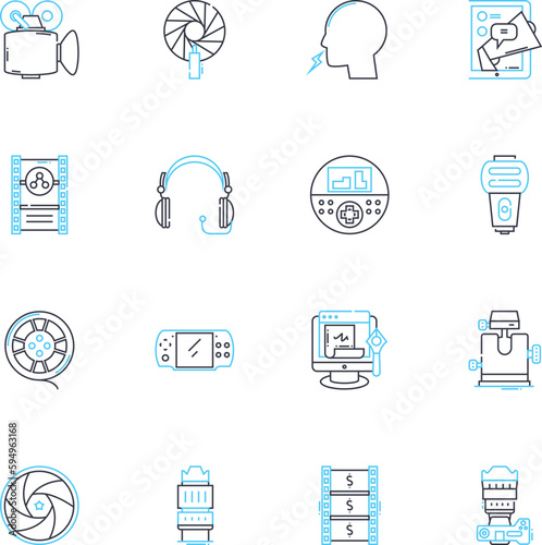 Interactive games linear icons set. Fun, Exciting, Engaging, Challenging, Addictive, Multidimensional, Immersive line vector and concept signs. Rewarding,Educational,Action-packed outline
