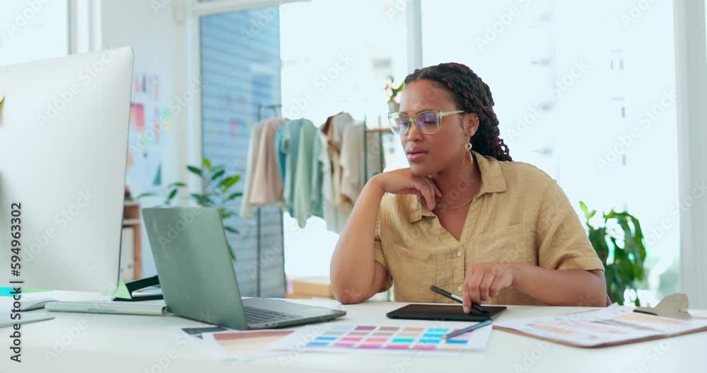 Fashion designer, business and black woman on laptop for headache, stressed and frustrated in office. Burnout, retail startup and female worker on computer with head pain, migraine and writing notes Fashion designer, business and black woman on laptop for headache, stressed and frustrated in office. Burnout, retail startup and female worker on computer with head pain, migraine and writing notes