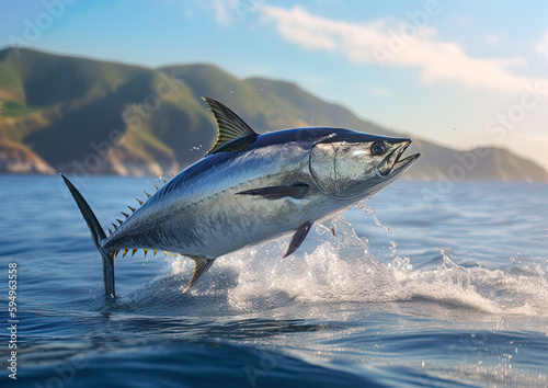 Bluefin Tuna jumping out of water. Generative Ai