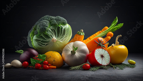 Fresh vegetables on a wooden board on black background  Generative AI
