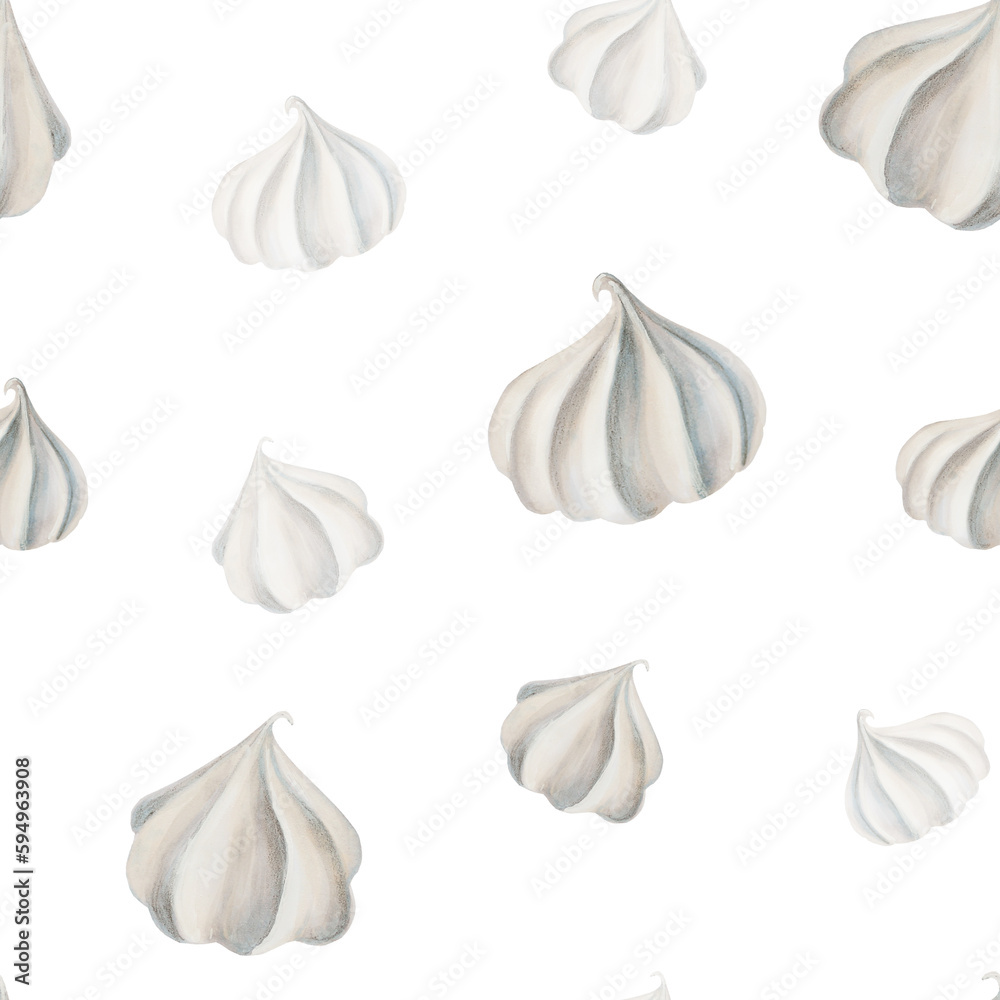 Watercolor seamless pattern with meringues. Hand painting sweet on a white isolated background. For designers, menu, shop, polygraphy,bar, bistro, restaurant, for postcards, wrapping paper, covers Watercolor seamless pattern with meringues. Hand painting sweet on a white isolated background. For designers, menu, shop, polygraphy,bar, bistro, restaurant, for postcards, wrapping paper, covers