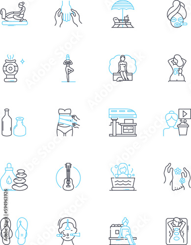 Quiet solitude linear icons set. Tranquility, Solitude, Calmness, Serenity, Peacefulness, Isolation, Seclusion line vector and concept signs. Reflection,Meditation,Contemplation outline illustrations