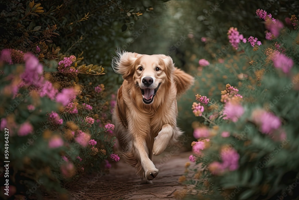 AI GENERATIVE, Golden Retriever running and jumping along a path of flowers. AI GENERATIVE, Golden Retriever running and jumping along a path of flowers.