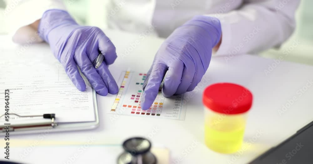 Hands of a laboratory assistant with a litmus ph test, close-up. Laboratory testing of urine, diagnosis of the disease Hands of a laboratory assistant with a litmus ph test, close-up. Laboratory testing of urine, diagnosis of the disease