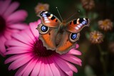 Peacock butterfly over lush pink flower. Generative AI