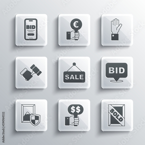 Set Hand holding auction paddle, Auction painting sold, Bid, Price tag with Sale, hammer, Online and icon. Vector