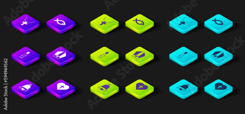 Set Church bell, Christian cross in heart, Burning candle, Pope hat, fish symbol and on chain icon. Vector