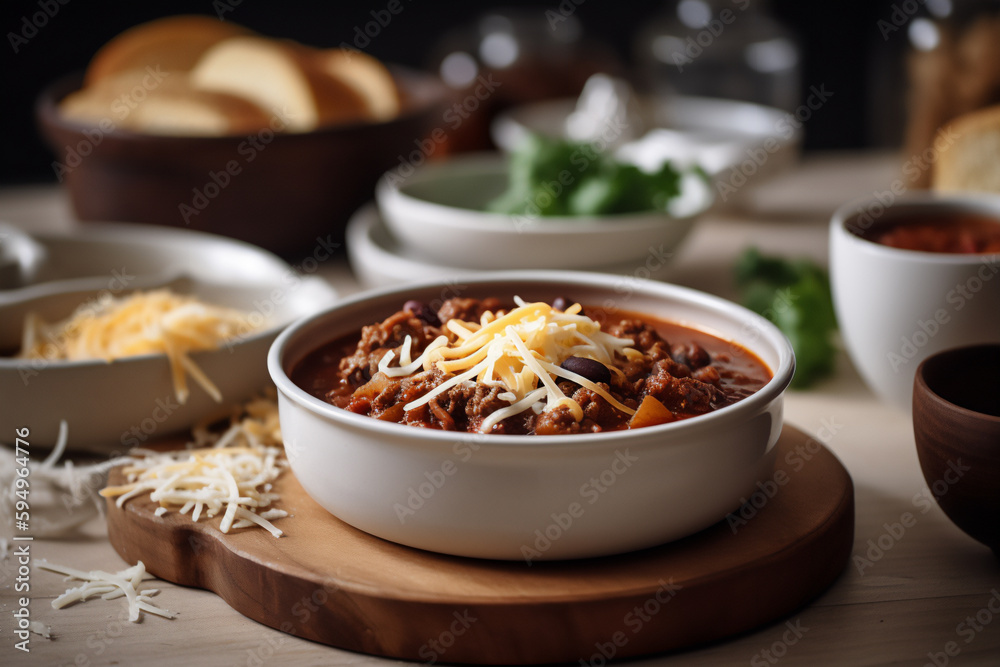 Classic Beef Chili in a deep white bowl with cheese