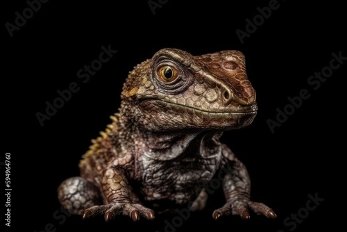 close-up view of a colorful lizard on a dark background. Generative AI