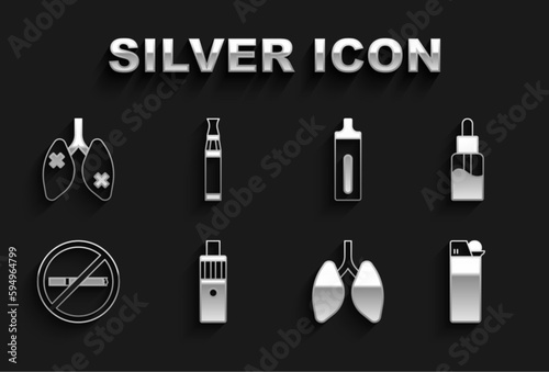 Set Vape mod device, liquid bottle, Lighter, Lungs, No smoking, Electronic cigarette, Disease lungs and icon. Vector