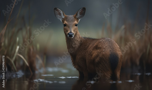 Misty Marshland Serenity: Photo of Chinese water deer standing alertly in a misty marshland, its delicate features and unique antlers highlighted. Generative AI photo