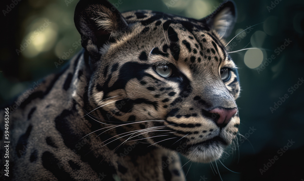 close up photo of clouded leopard on blurry bokeh forest background. Generative AI