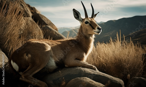 photo of chiru  Panthalops hodgsoni   also called Tibetan antelope lying on a rock with mountains in the background. Generative AI