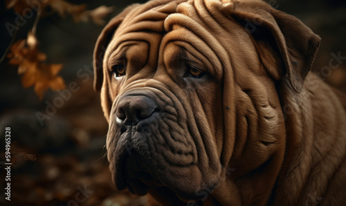close up photo of Chinese Shar-Pei on blurry forest background. Generative AI