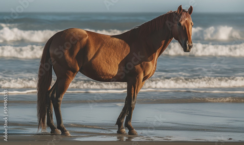 photo of Cleveland Bay (breed of horse) on ocean background. Generative AI
