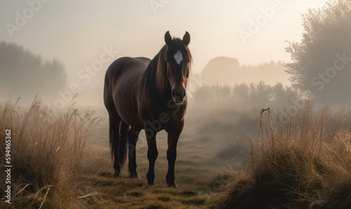 Cleveland Bay, quintessential British heavy horse, standing majestically in a misty, early morning field of English Countryside. light highlighting horse's well-muscled body & bay coat. Generative AI