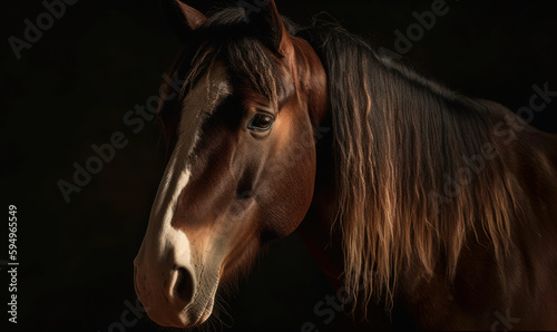 close up photo of Clydesdale, heavy draft-horse breed on dark background. Generative AI