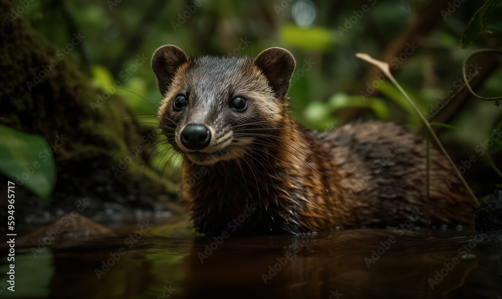 photo of coati (genus Nasua) standing in forest river. Generative AI photo of coati (genus Nasua) standing in forest river. Generative AI