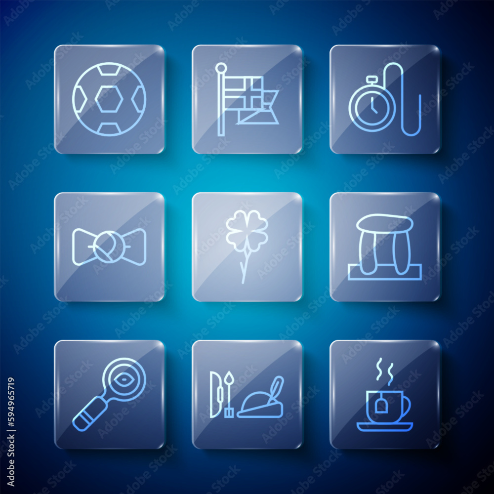 Set line Magnifying glass, Robin hood hat, Cup of tea with tea bag, Watch chain, Four leaf clover, Bow tie, Football ball and Stonehenge icon. Vector Set line Magnifying glass, Robin hood hat, Cup of tea with tea bag, Watch chain, Four leaf clover, Bow tie, Football ball and Stonehenge icon. Vector