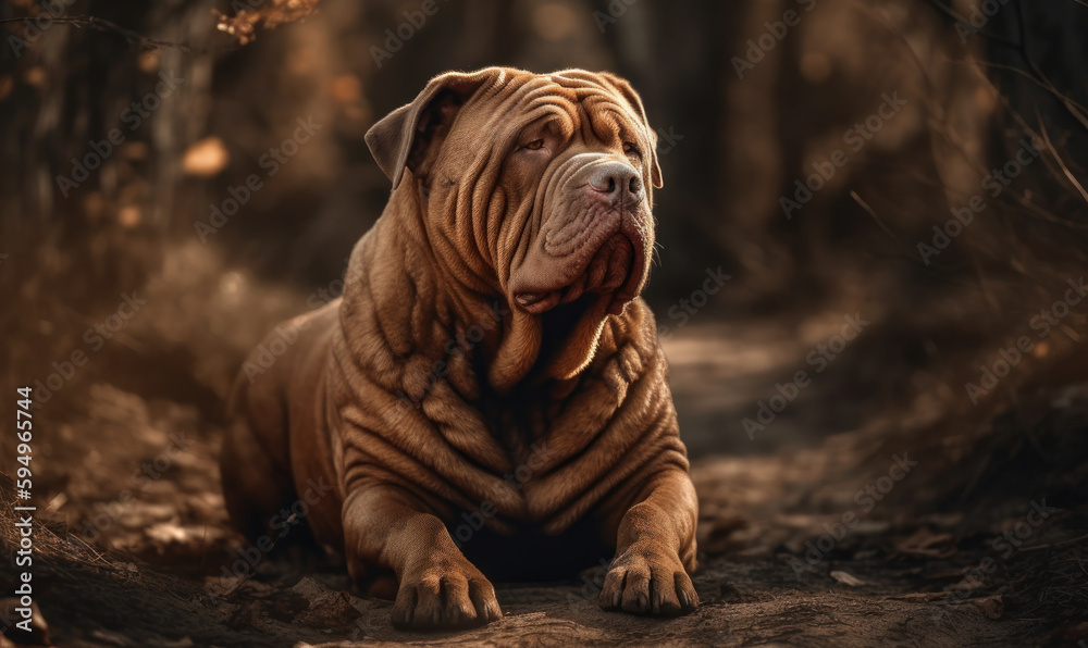 Fototapeta premium sunset photo of Chinese Shar-Pei on forest path in Autumn. Generative AI