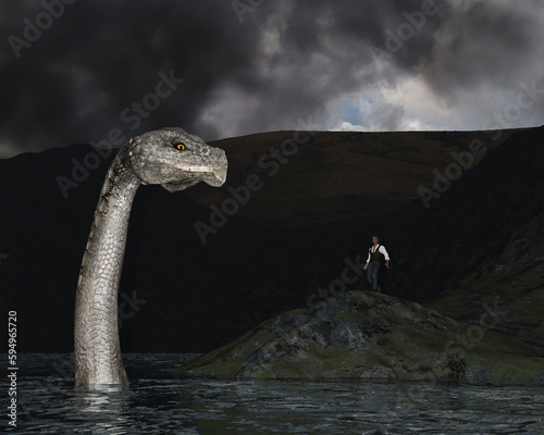3d illustration of the Loch Ness Monster or similiar sea serpent lake monster cryptid