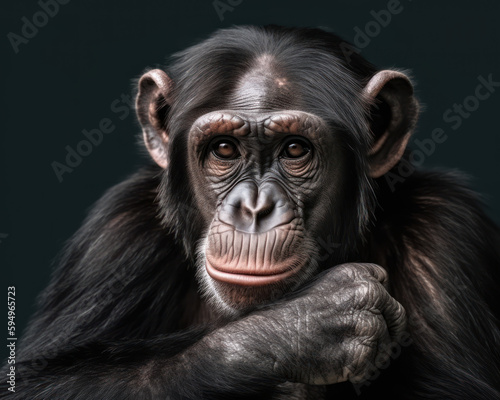 photo of chimpanzee isolated on dark green background. Generative AI © Bartek