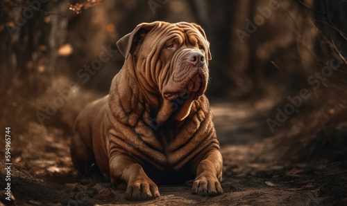 sunset photo of Chinese Shar-Pei on forest path in Autumn. Generative AI