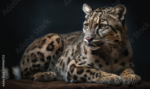 photo of clouded leopard on dark background. Generative AI