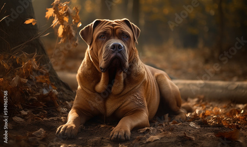 sunset photo of Chinese Shar-Pei on forest path in Autumn. Generative AI