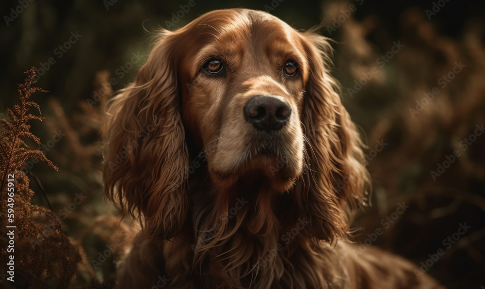 close up photo of cocker spaniel on blurry forest background. Generative AI