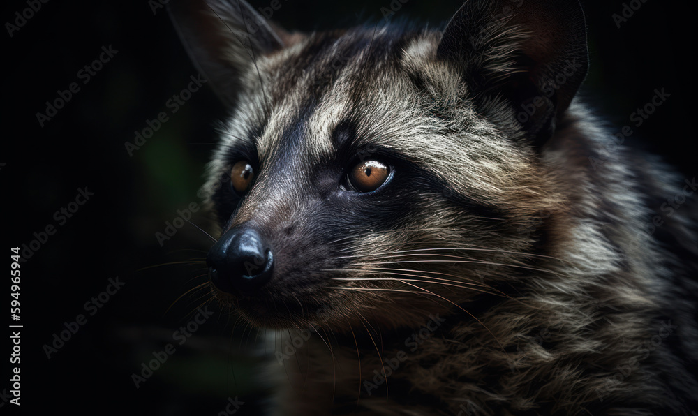 Fototapeta premium close up photo of civet cat in on black background. Generative AI