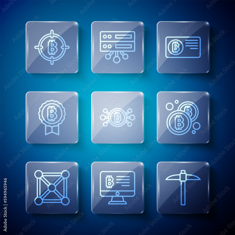 Set line Blockchain technology, Mining bitcoin from monitor, Pickaxe, Credit card with, Bitcoin circuit, the target and icon. Vector Set line Blockchain technology, Mining bitcoin from monitor, Pickaxe, Credit card with, Bitcoin circuit, the target and icon. Vector