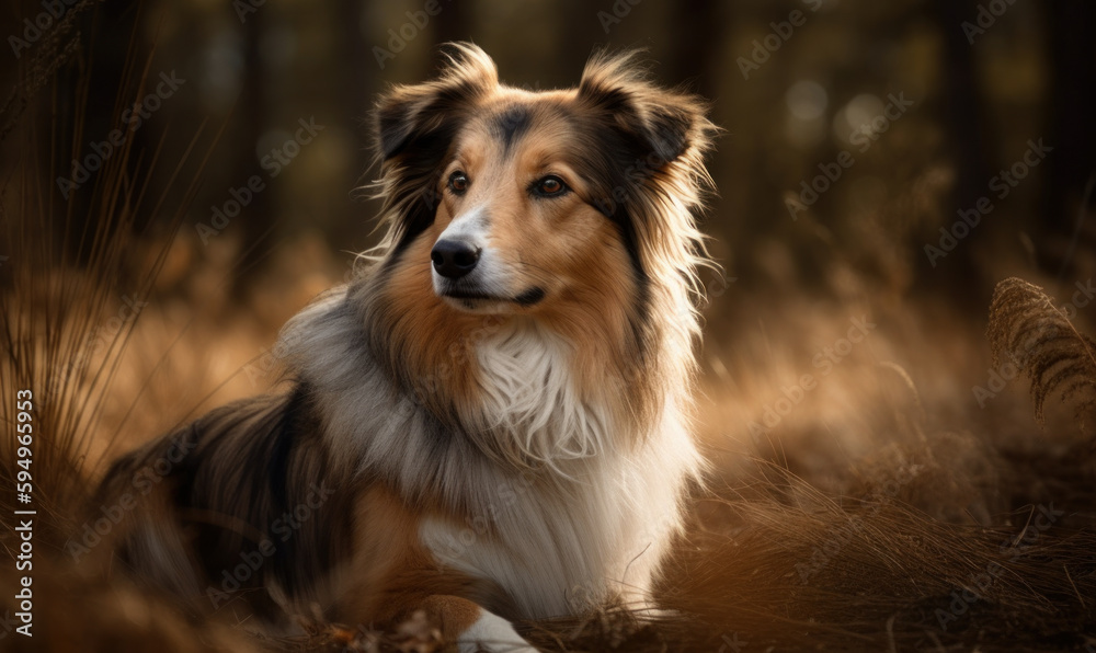 close up photo of collie, working dog breed, on blurry forest background. Generative AI