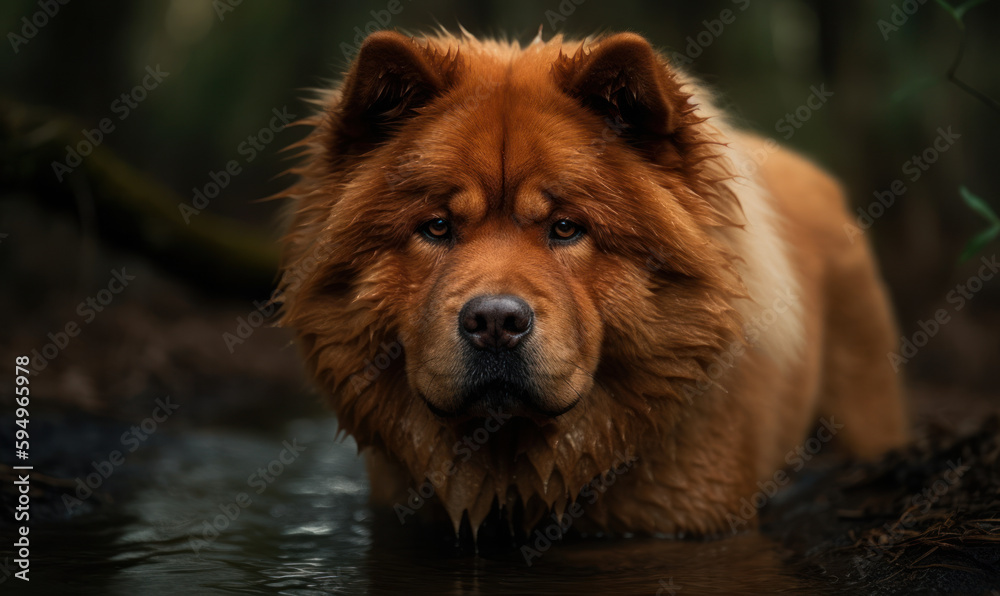 photo of Chow Chow standing in water in its natural habitat. Generative AI photo of Chow Chow standing in water in its natural habitat. Generative AI