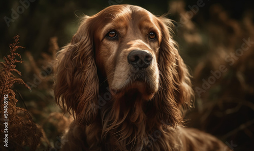 close up photo of cocker spaniel on blurry forest background. Generative AI