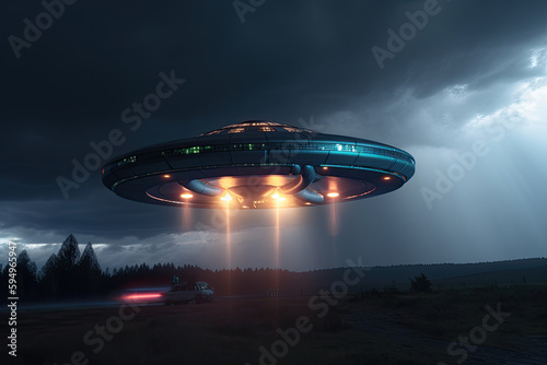 UFO mother ship at night in an open field, image with bright colors. Ai generative.