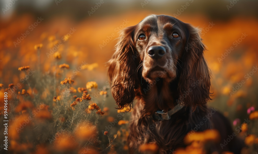 Photo of cocker spaniel, captured in its playful element amidst a colorful field of wildflowers, bathed in warm light that enhances the natural beauty of the scene. Generative AI