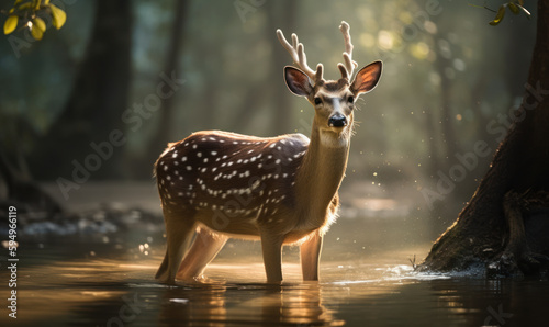 photo of chital, also called Spotted Deer standing in water at sunset. Generative AI