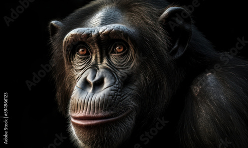 photo of chimpanzee on black background. Generative AI © Bartek