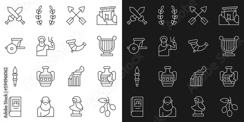 Set line Olives branch, Broken amphorae, Ancient lyre, Crossed arrows, Zeus, chariot, medieval sword and Hunting horn icon. Vector photo