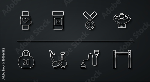 Set line Smart watch, Kettlebell, Bodybuilder muscle, Chest expander, Stationary bicycle, Anabolic drugs, Horizontal bar and Medal icon. Vector
